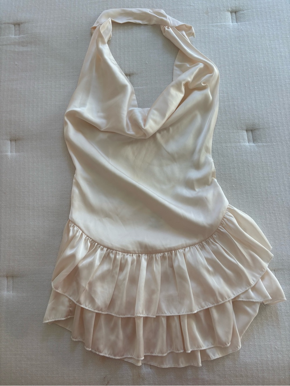 Amelie Teje Silky Halter Ruffle Mini Dress in Champagne